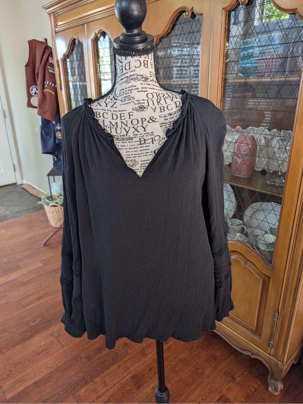 Knox Rose Ladies Boho Peasant Black Crochet Top Size XL